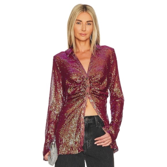 NWT New Free People Magenta Sequin Long Sleeve Button Down Shirtee Top Size XS - Picture 2 of 6